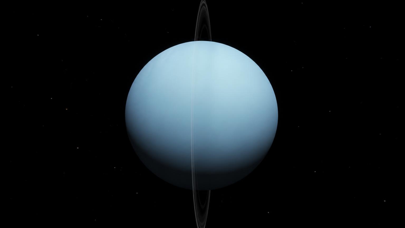 Uranus, globe bleu-vert uniforme et anneaux fins.