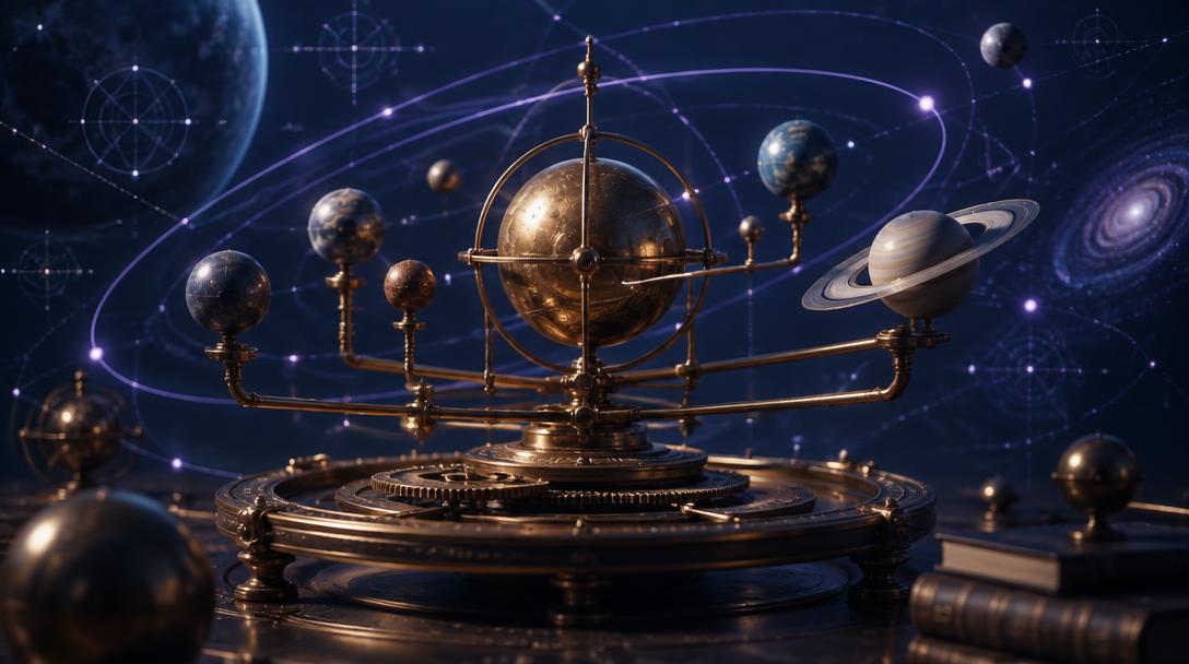 Planétaire mécanique et orbites lumineuses (image de synthèse)