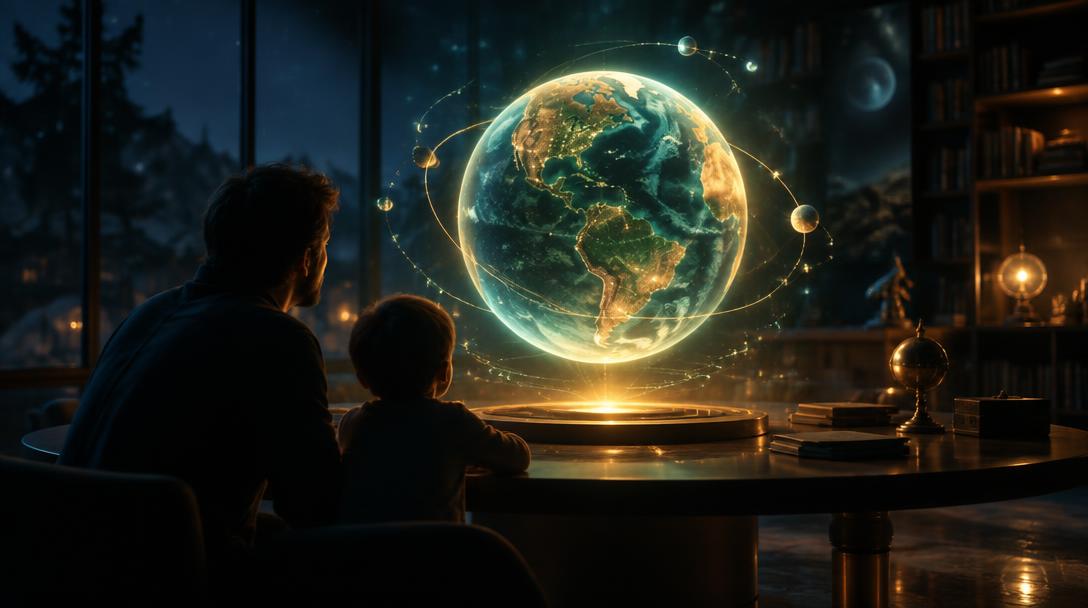 Un adulte et un enfant observant un globe lumineux (image de synthèse)