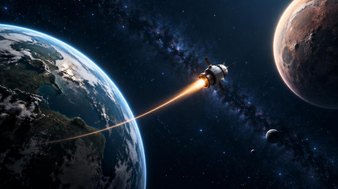 Sonde quittant la Terre vers une autre planète (image de synthèse)