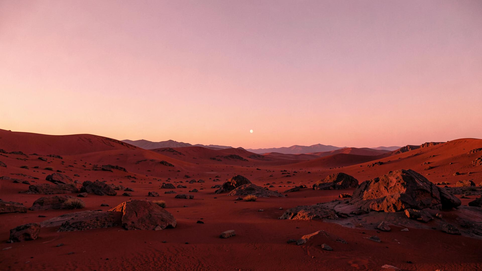 Paysage de dunes rouges martiennes sous un ciel rose